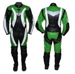 one 1 piece motorcycle leather suit green black colour