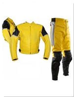two piece motorcycle leather suit yellow black silver colour